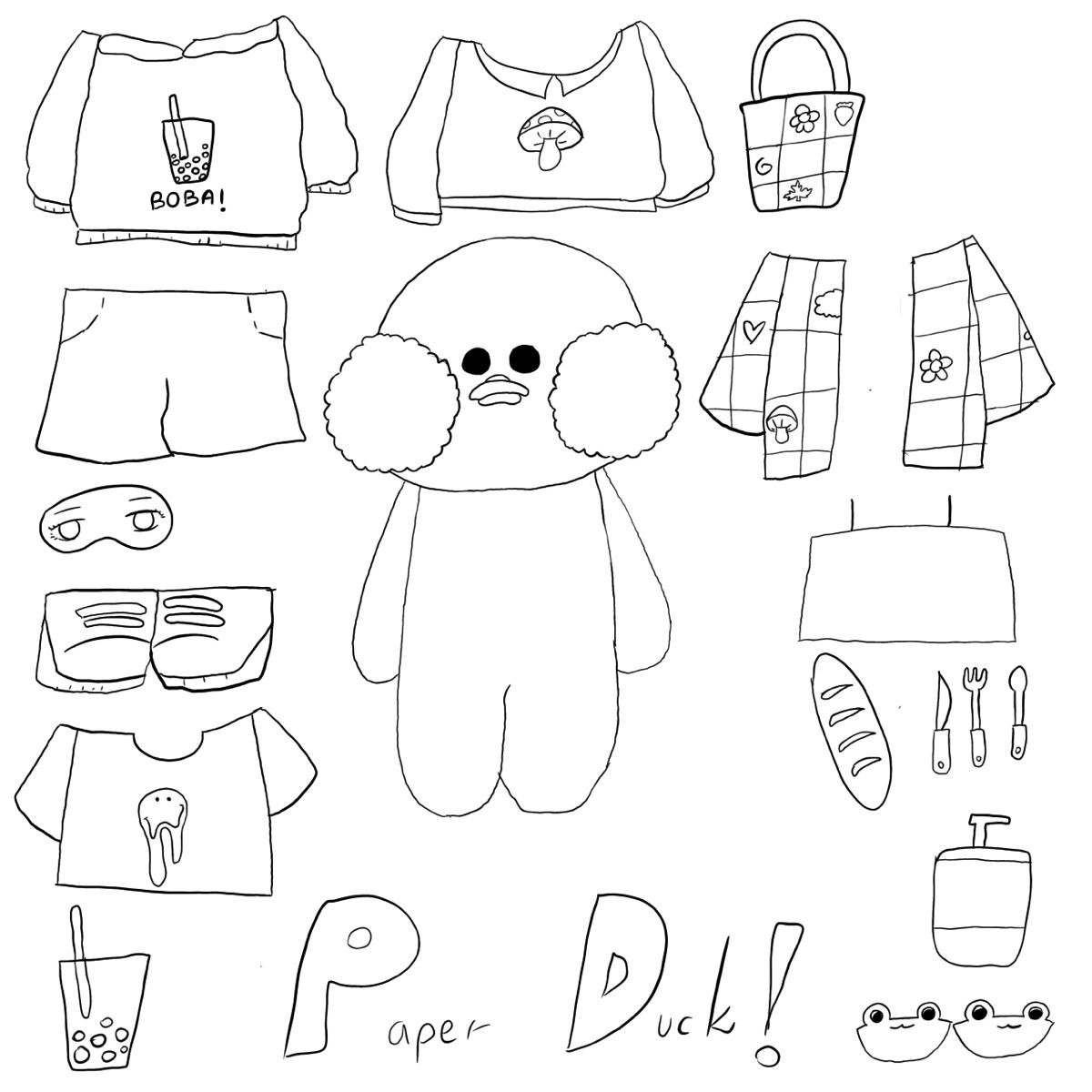 Desenho de Paper Duck com roupas e acessórios para colorir e brincar. Desenho de paper duck para colorir com opções de roupas e acessórios como camisetas, calçados, bolsas e itens de piquenique.