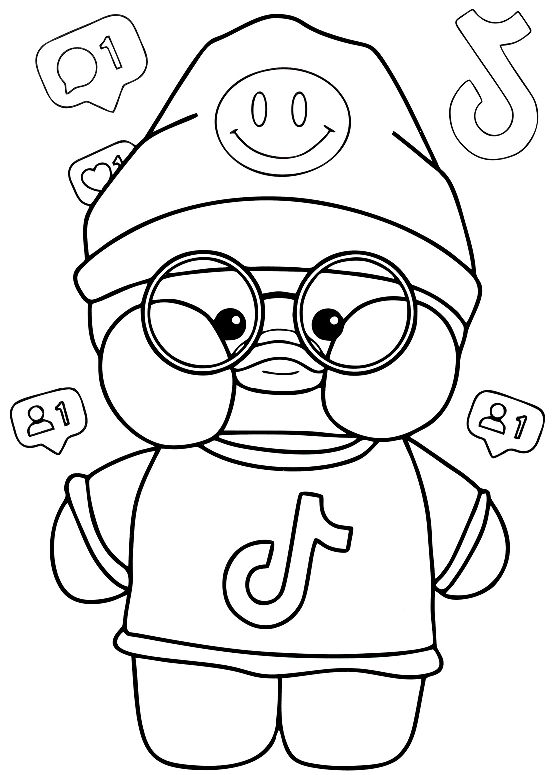 Desenho de Paper Duck do TikTok para colorir e imprimir. Desenho de um Paper Duck com tema TikTok para colorir, com chapéu, óculos e ícone do TikTok na camiseta.