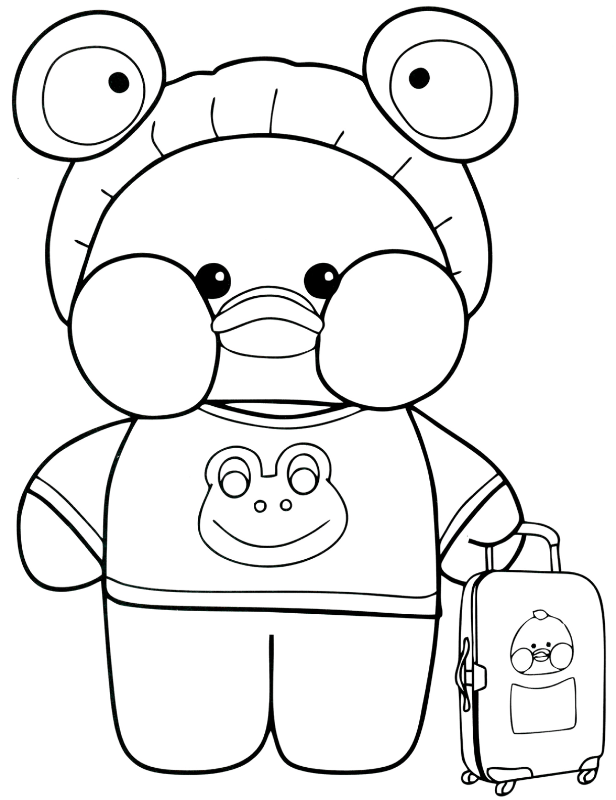 Desenho de Paper Duck com mala para colorir Desenho de paper duck com roupa de sapo e mala de viagem para colorir. Atividade divertida para crianças.