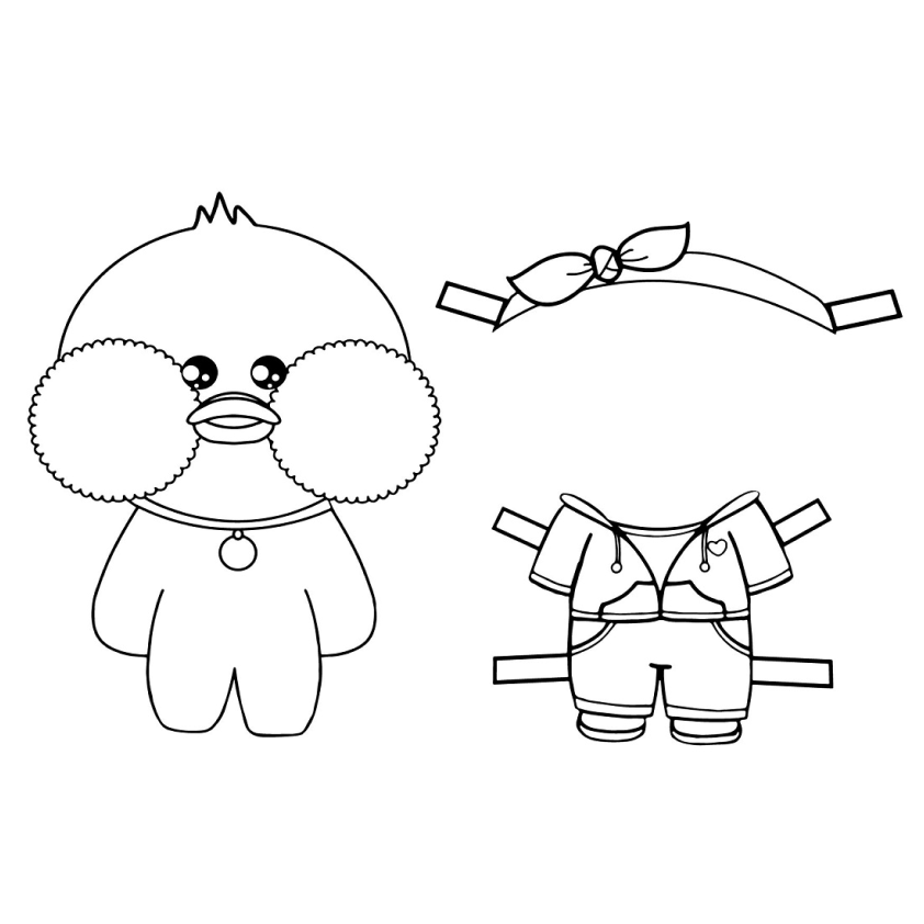 Desenho de paper duck para colorir e recortar Desenho de paper duck boneca de papel com roupa e acessório para colorir e recortar. Imprima e divirta-se!