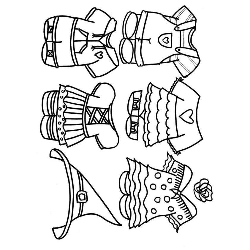 Desenho de roupas para paper duck para colorir e imprimir. Desenho de roupas diversas para paper duck para colorir. Inclui vestidos, chapéus e outras peças de vestuário.