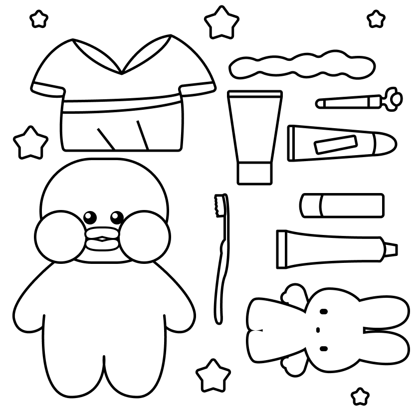 Desenho de Paper Duck para colorir com itens de higiene Desenho de um Paper Duck com itens de higiene para colorir, como escova, pasta de dente e roupa.