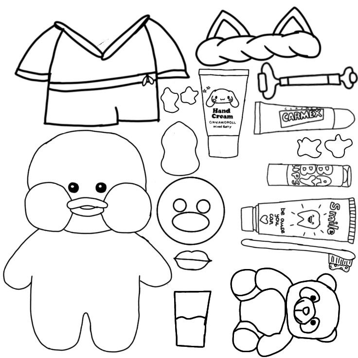 Desenho Paper Duck para colorir com roupas e acessórios. Desenho de um Paper Duck para colorir, com opções de roupas, rosto, cosméticos e acessórios para recortar e personalizar.
