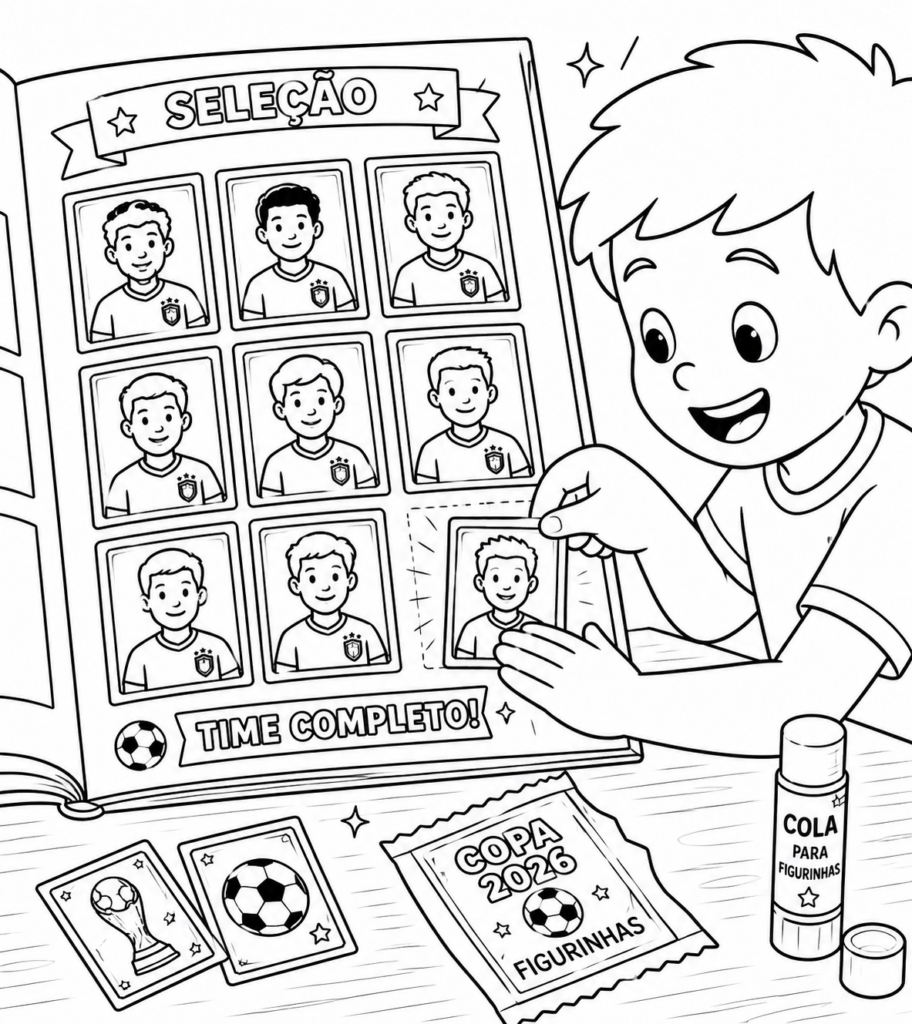 Desenho de Criança Colocando Figurinha no Álbum da Copa para Imprimir e Colorir