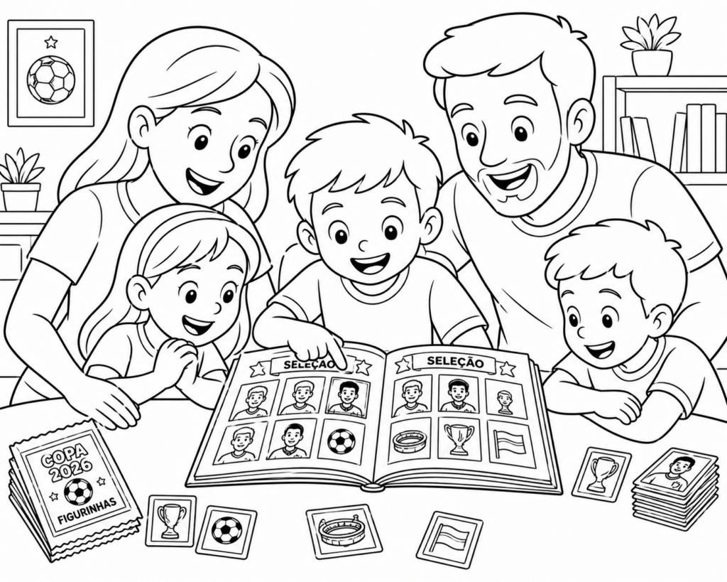 Desenho de Família Olhando o Álbum de Figurinhas da Copa para Imprimir e Colorir