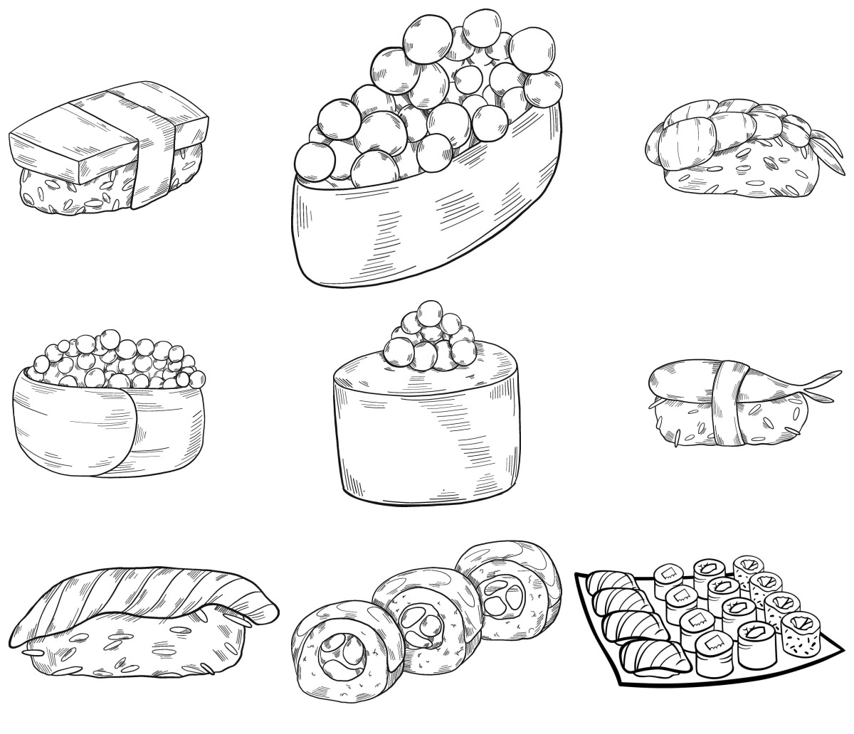 16 desenhos de Sushi — Para colorir e imprimir 16 desenhos de Sushi — Para colorir e imprimir