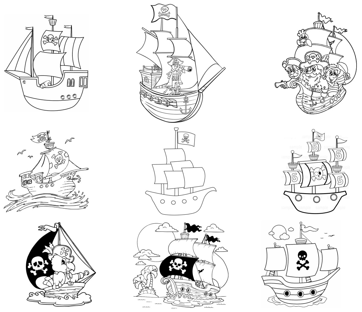 28 desenhos de Navio Pirata — Para colorir e imprimir