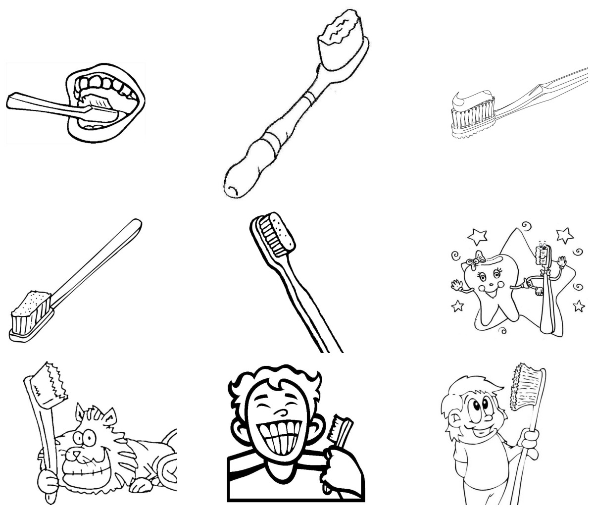 12 desenhos de Escova de Dente — Para colorir e imprimir