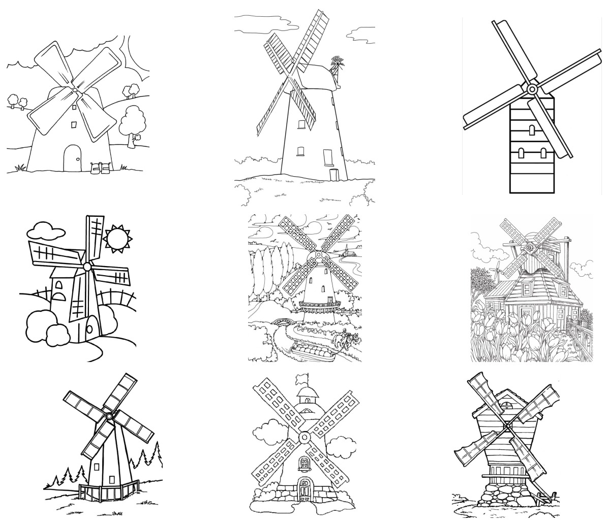 16 desenhos de Moinho de Vento — Para colorir e imprimir