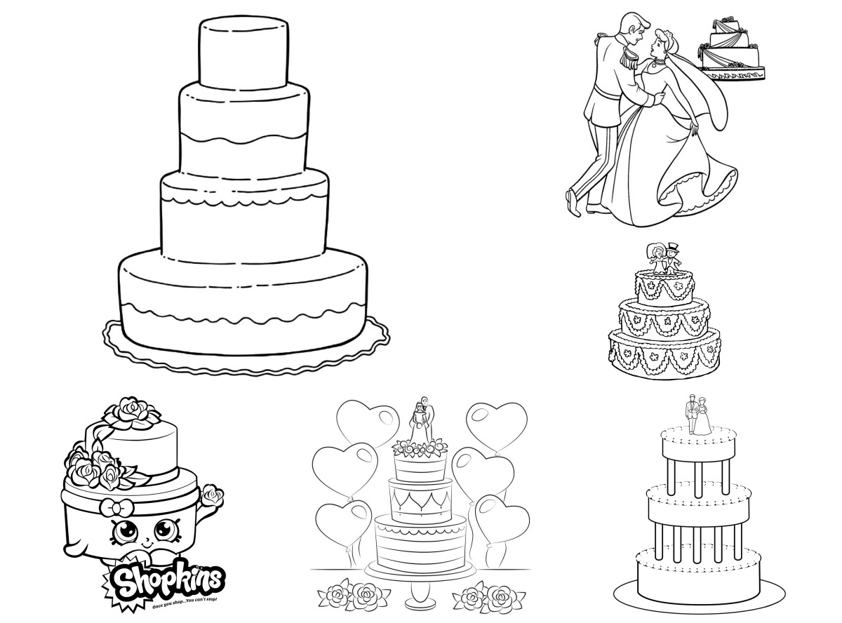 20 desenhos de Bolo de Casamento — Para colorir e imprimir
