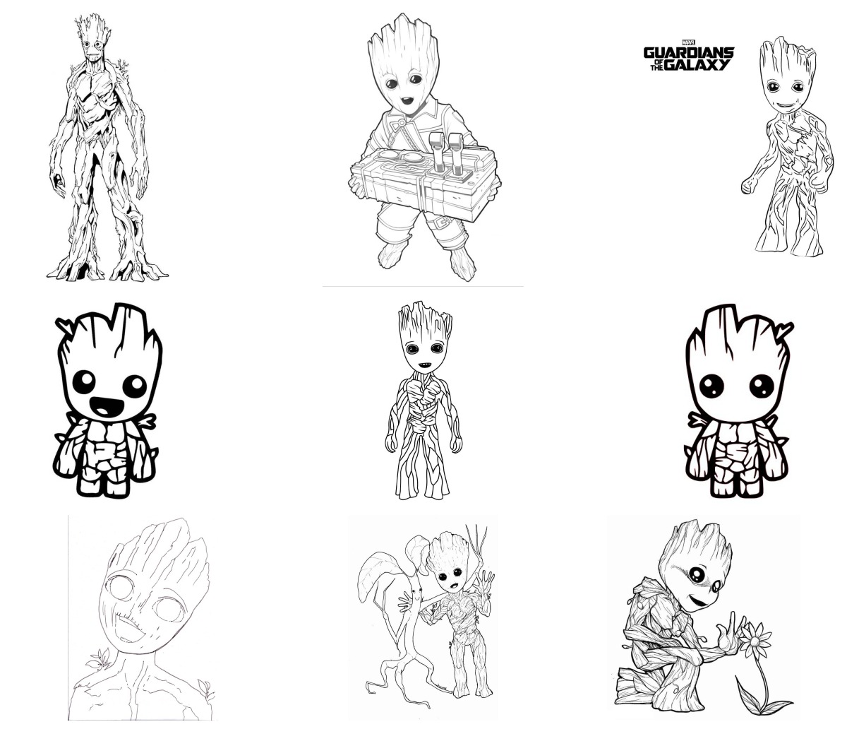 14 desenhos de Groot — Para colorir e imprimir