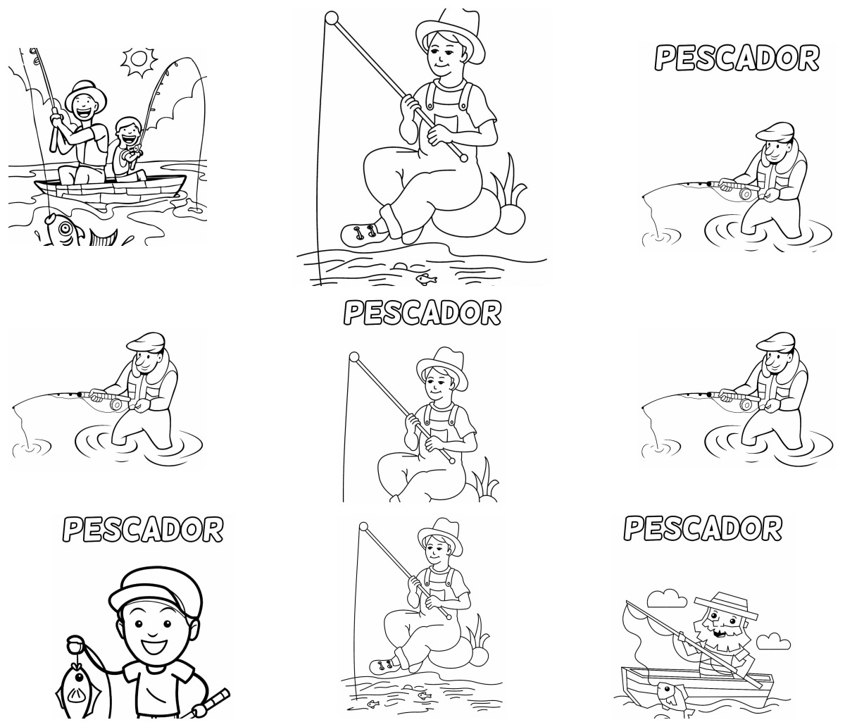 19 desenhos de Pescador — Para colorir e imprimir