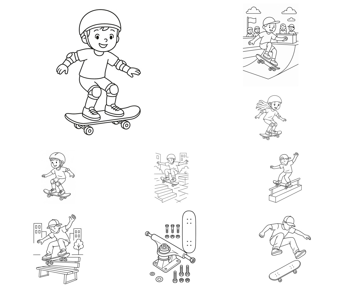 20 desenhos de Skate — Para colorir e imprimir