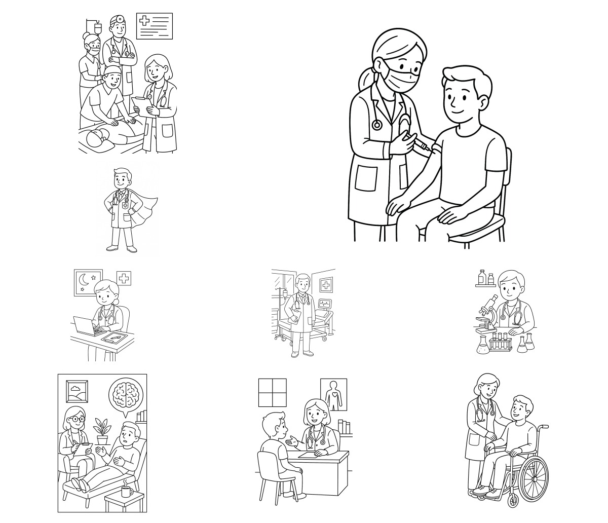 20 desenhos de Médico — Para colorir e imprimir