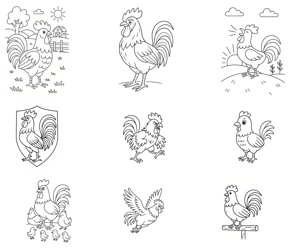 18 desenhos de Galo — Para colorir e imprimir