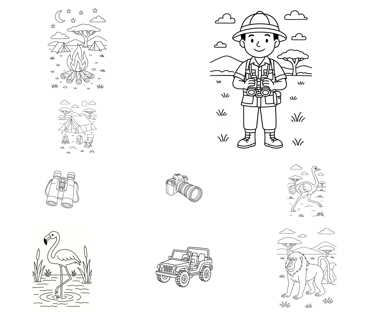 20 desenhos de Safari — Para colorir e imprimir