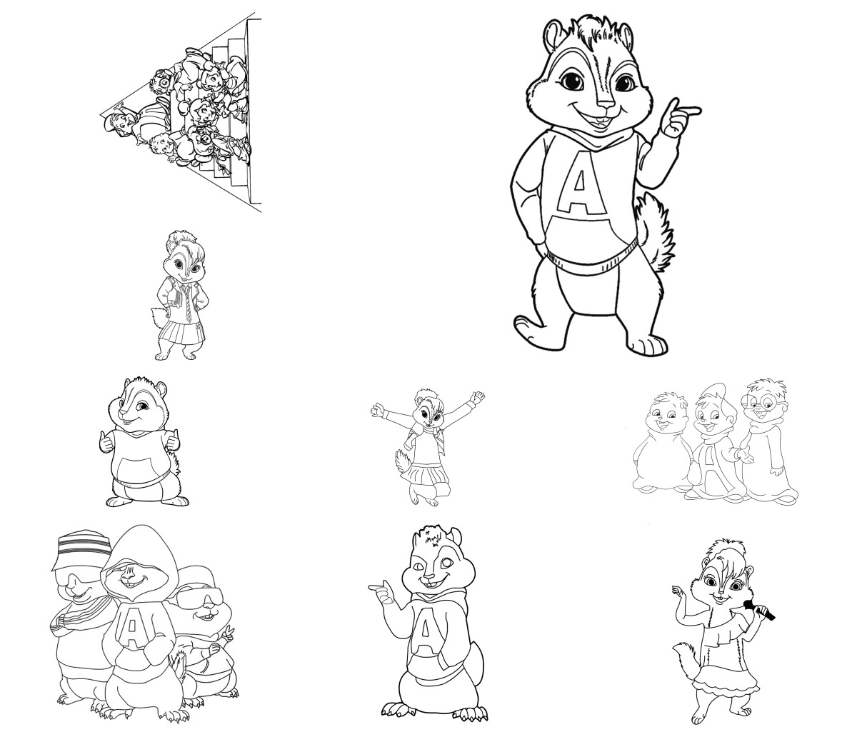 9 desenhos de Alvin e os Esquilos — Para colorir e imprimir