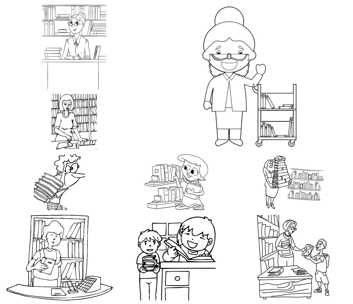 16 desenhos de Biblioteca — Para colorir e imprimir