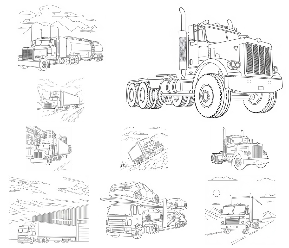 20 desenhos de Carretas — Para colorir e imprimir