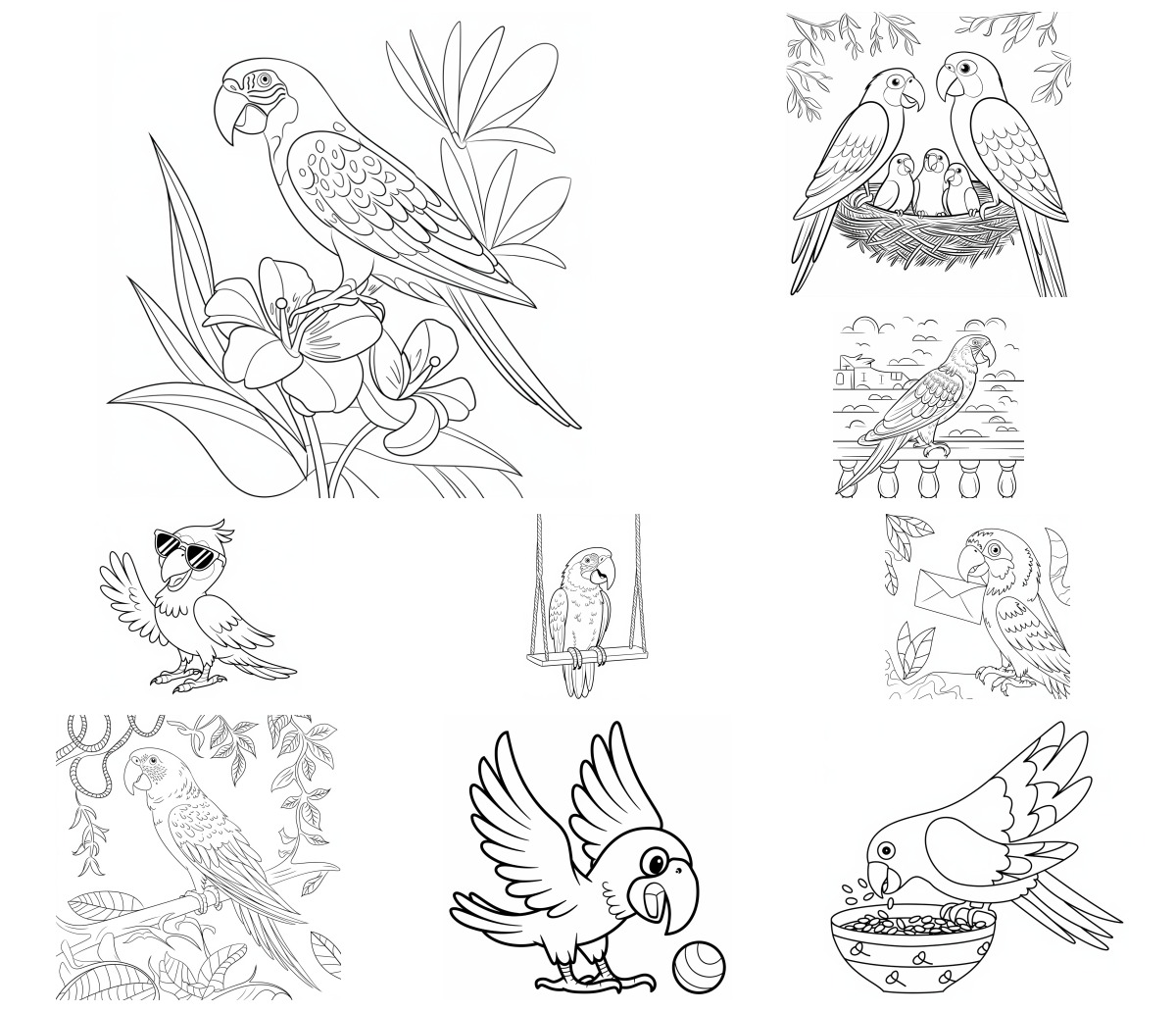 20 desenhos de Papagaio — Para colorir e imprimir 20 desenhos de Papagaio — Para colorir e imprimir