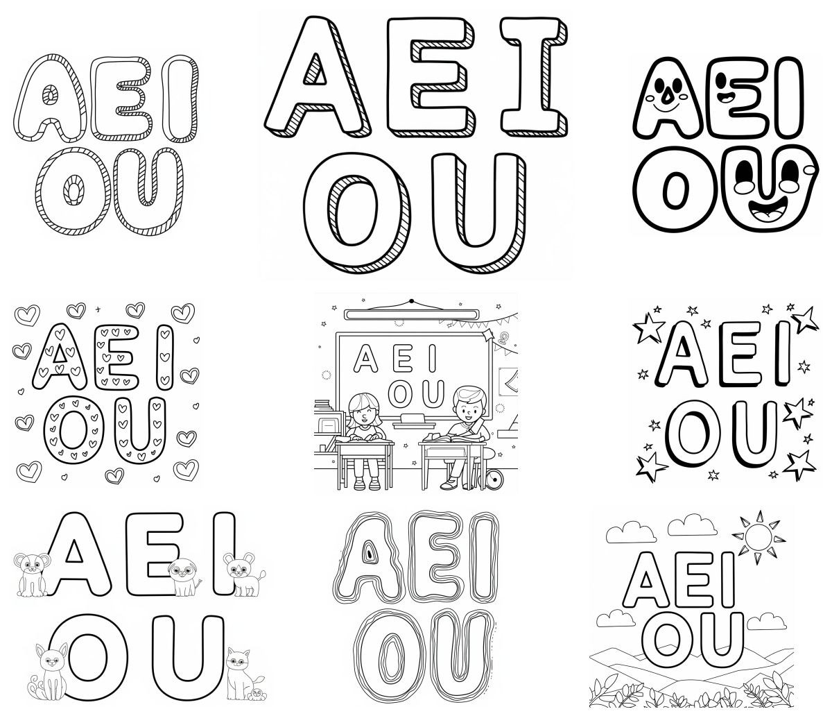 20 desenhos de Vogais — Para colorir e imprimir 20 desenhos de Vogais — Para colorir e imprimir