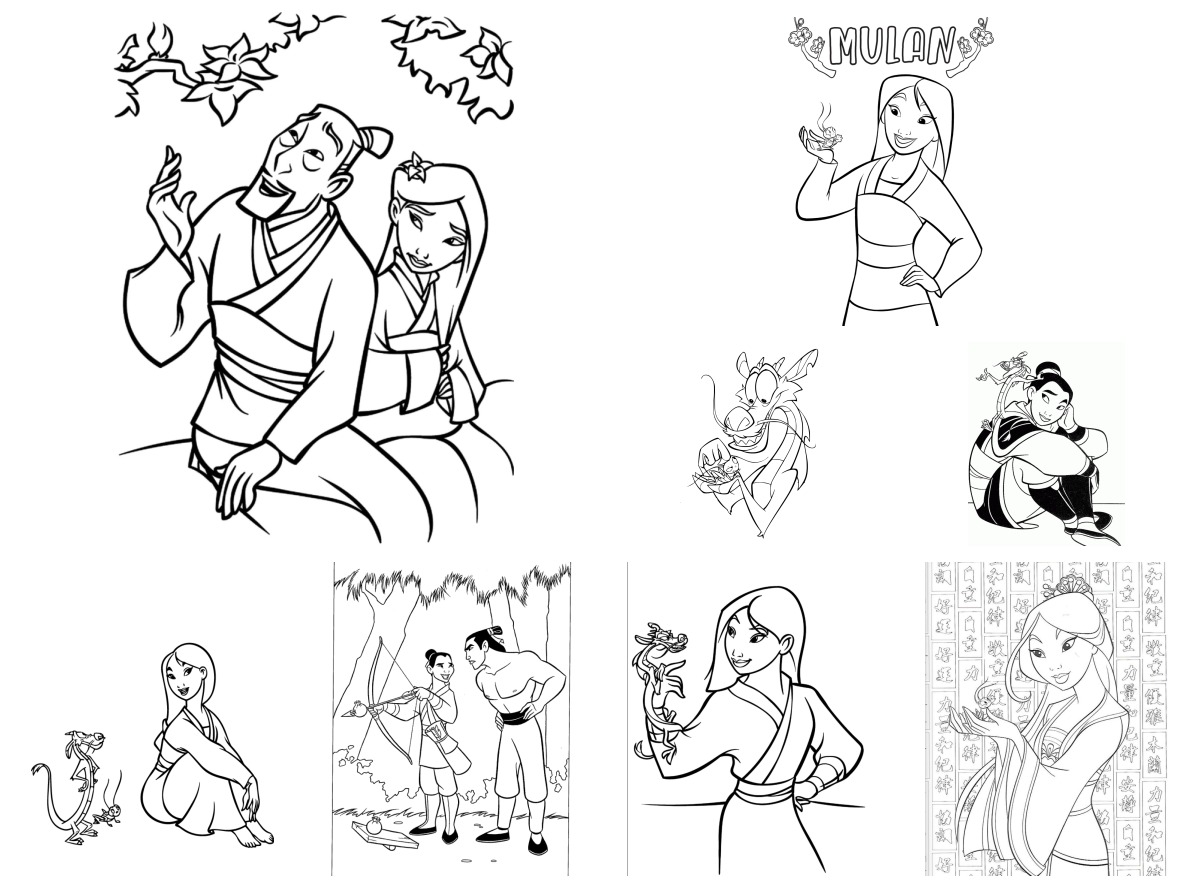 8 desenhos de Mulan — Para colorir e imprimir