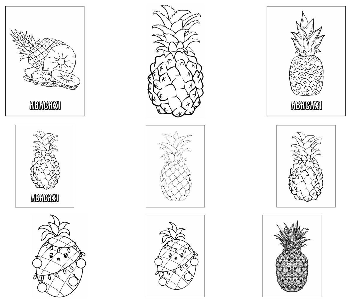 72 desenhos de Abacaxi — Para colorir e imprimir