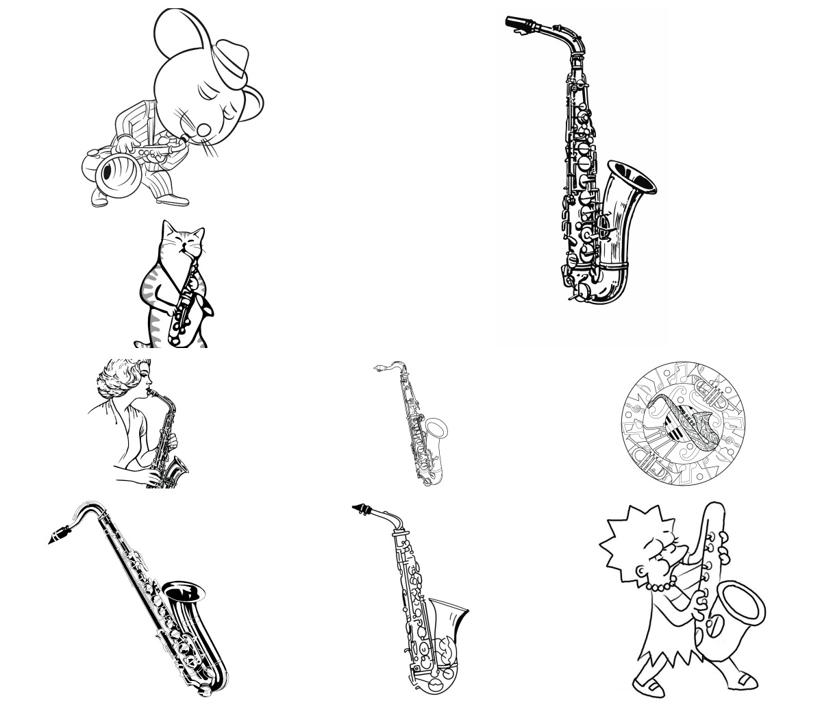 14 desenhos de Saxofone — Para colorir e imprimir 14 desenhos de Saxofone — Para colorir e imprimir