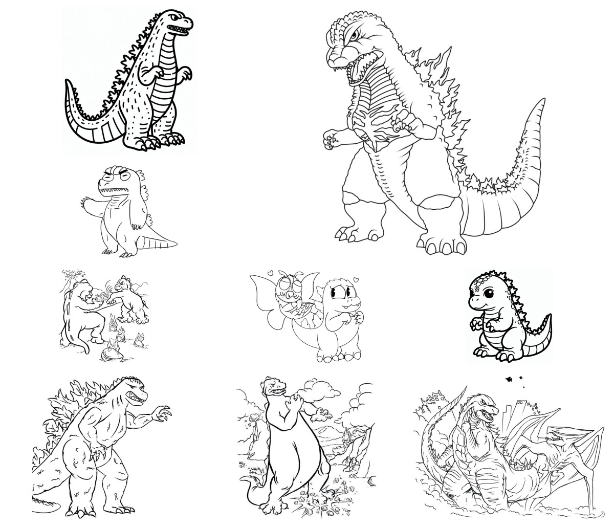 60 desenhos de Godzilla — Para colorir e imprimir
