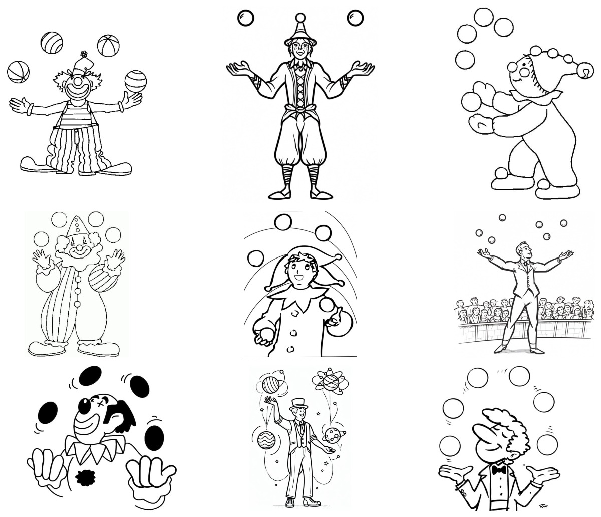 24 desenhos de Malabarista — Para colorir e imprimir