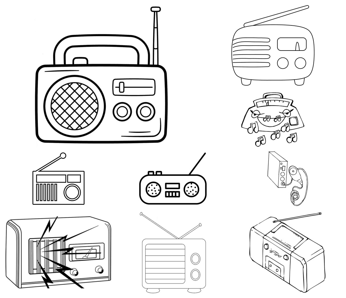 24 desenhos de Rádio — Para colorir e imprimir