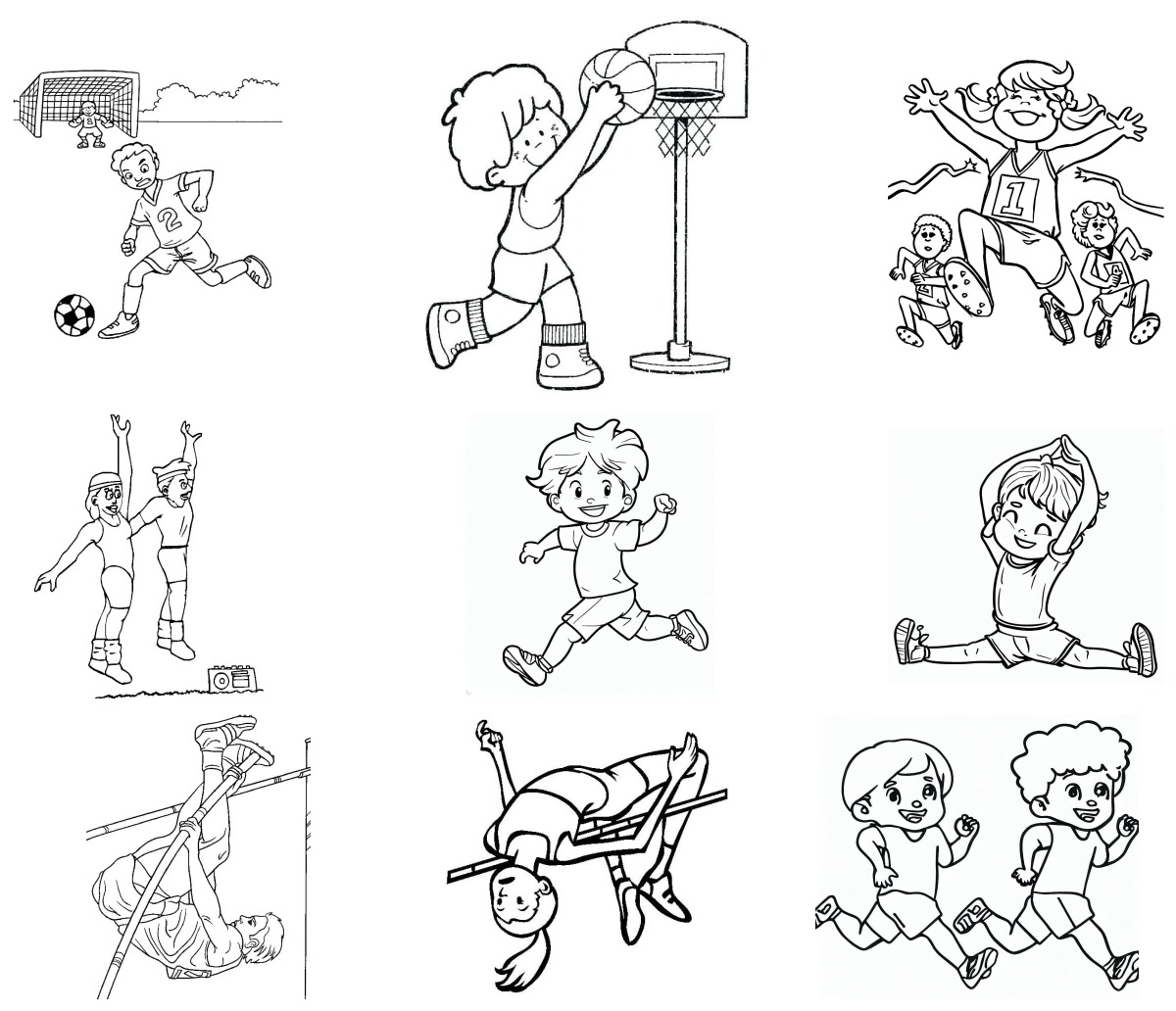 34 desenhos de Educação Física — Para colorir e imprimir