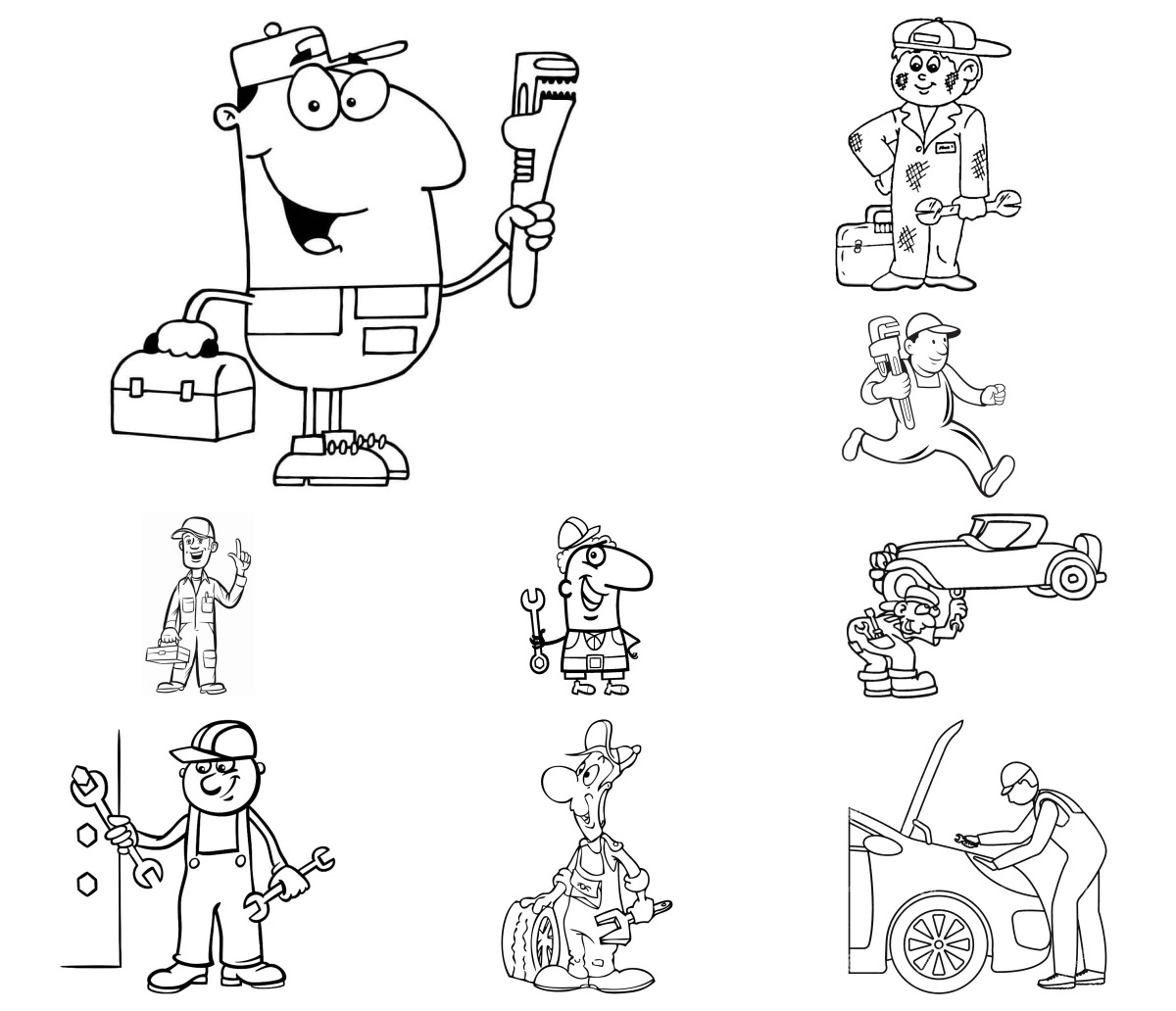 12 desenhos de Mecânico — Para colorir e imprimir