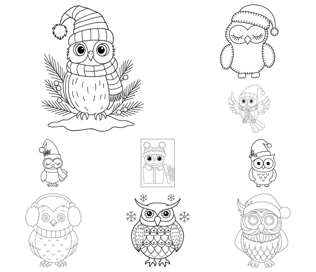 17 desenhos de Coruja de Natal — Para colorir e imprimir