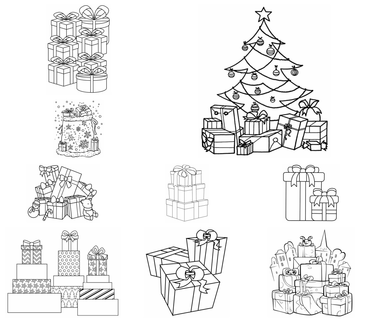 10 desenhos de Presentes de Natal — Para colorir e imprimir