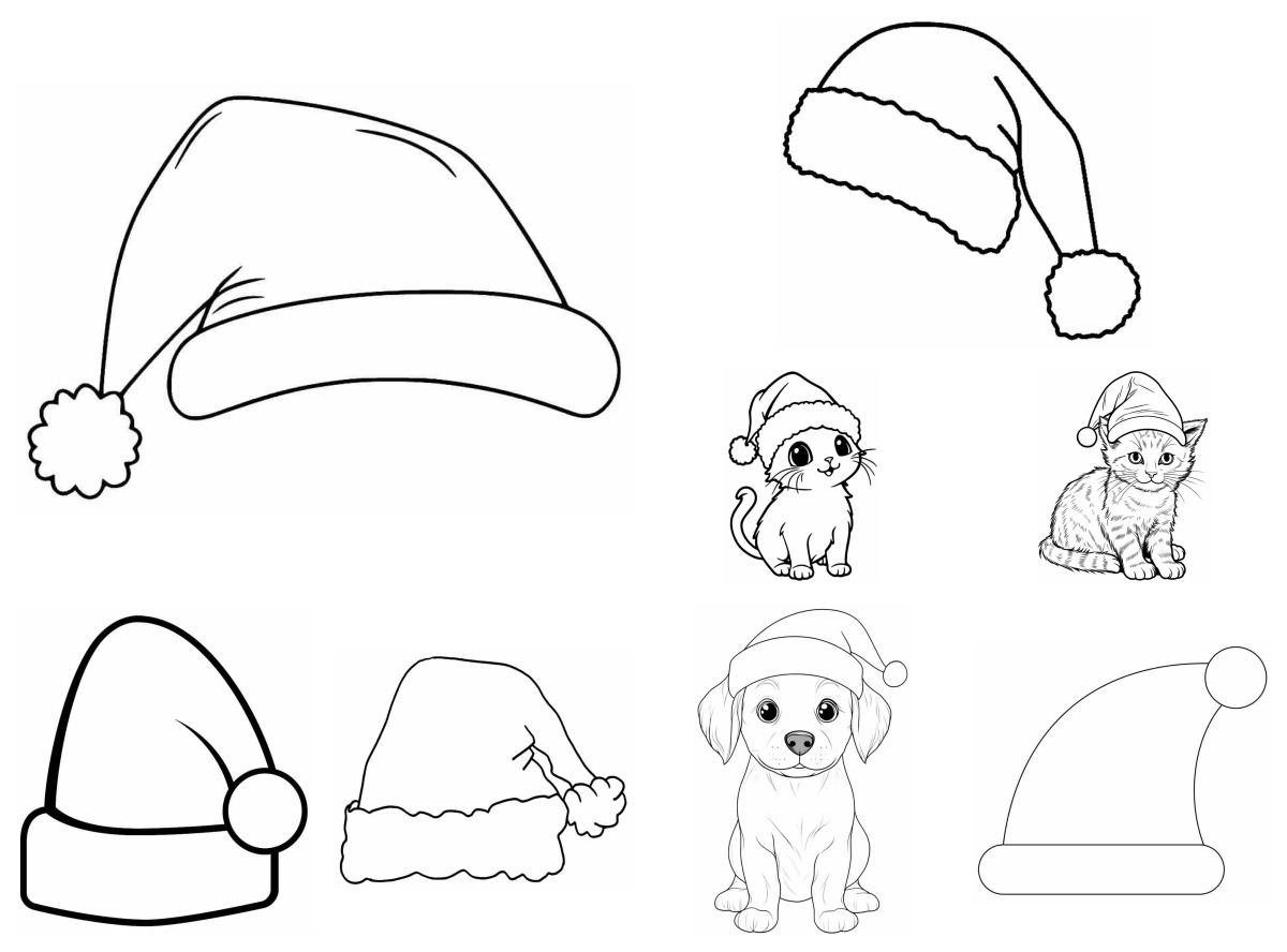 8 desenhos de Gorro de Natal — Para colorir e imprimir 8 desenhos de Gorro de Natal — Para colorir e imprimir