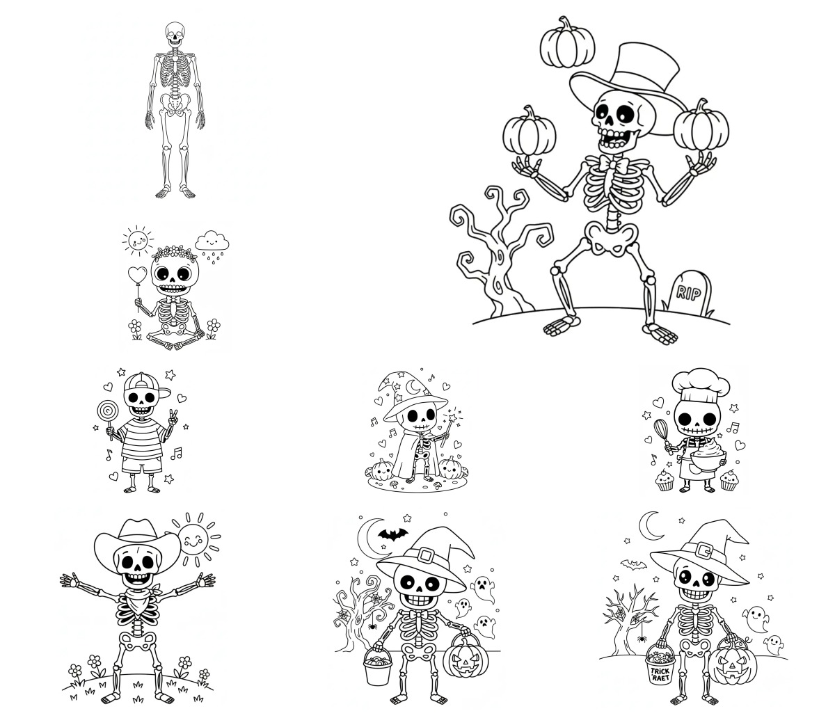 19 desenhos de Esqueleto — Para colorir e imprimir