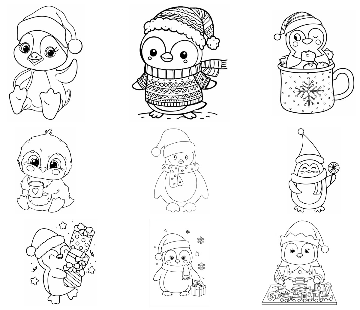 29 desenhos de Pinguins de Natal — Para colorir e imprimir