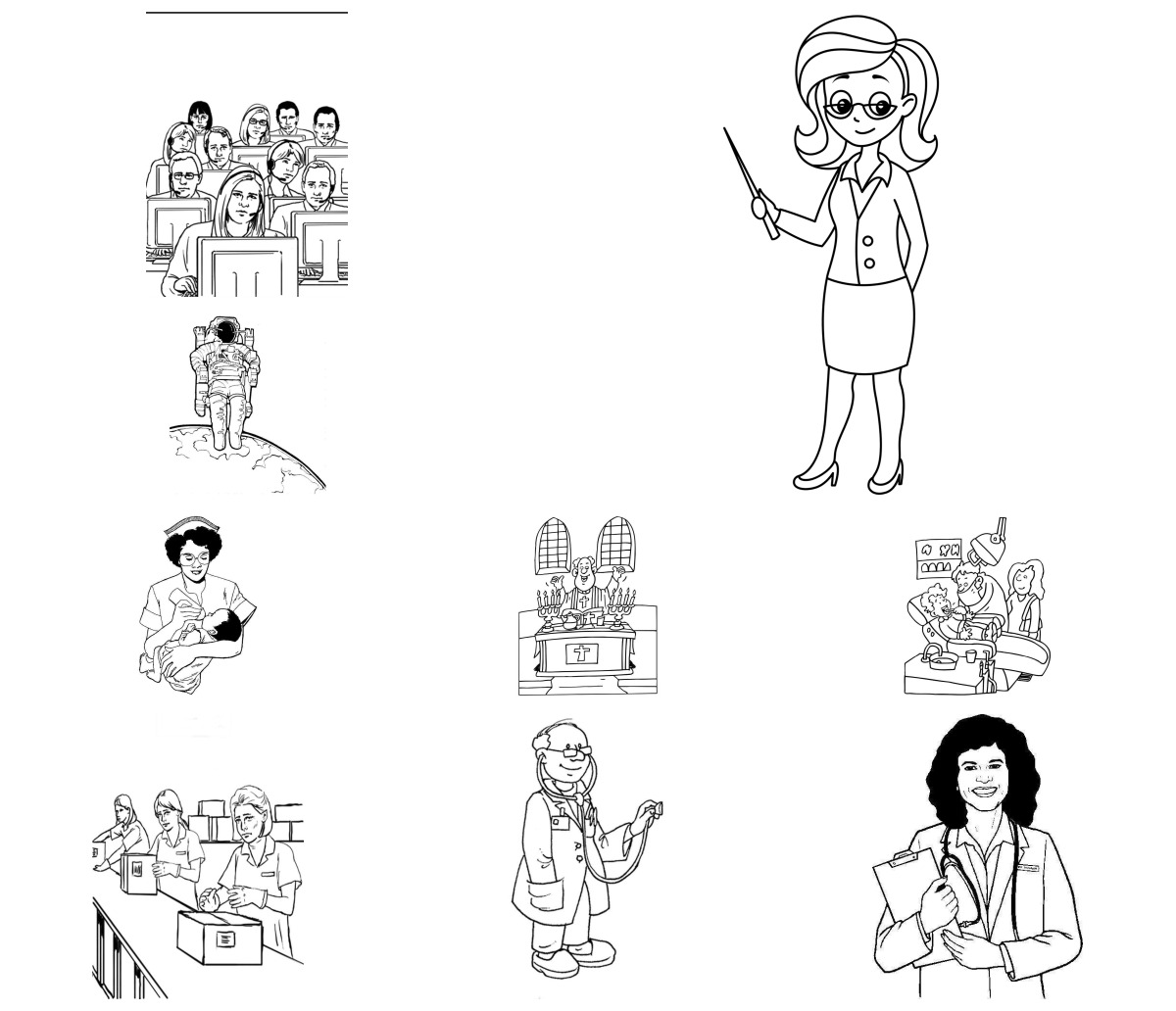 36 desenhos de Profissões — Para colorir e imprimir