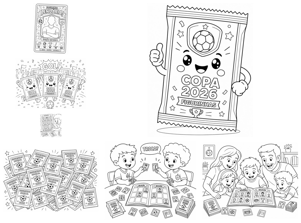 7 desenhos de Figurinhas da Copa do Mundo 2026 — Para colorir e imprimir 7 desenhos de Figurinhas da Copa do Mundo 2026 — Para colorir e imprimir
