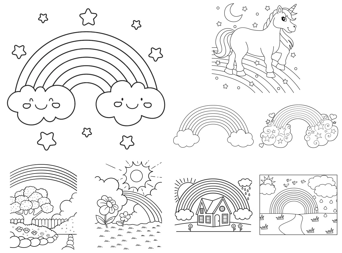 12 desenhos de Arco-íris — Para colorir e imprimir