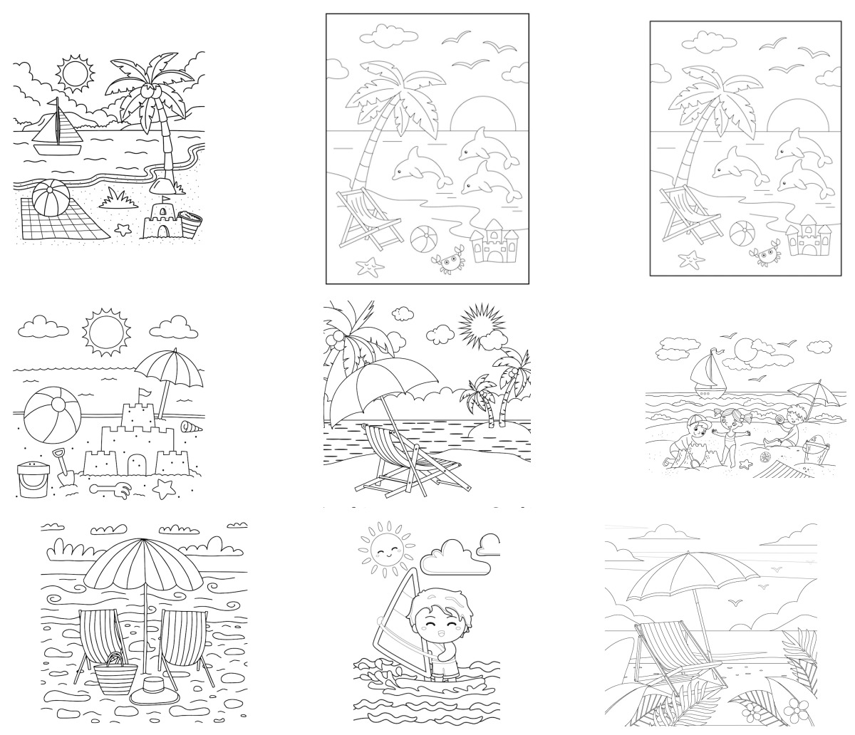 12 desenhos de Praia — Para colorir e imprimir