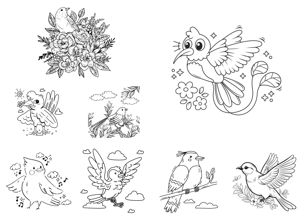 10 desenhos de Pássaros — Para colorir e imprimir 10 desenhos de Pássaros — Para colorir e imprimir