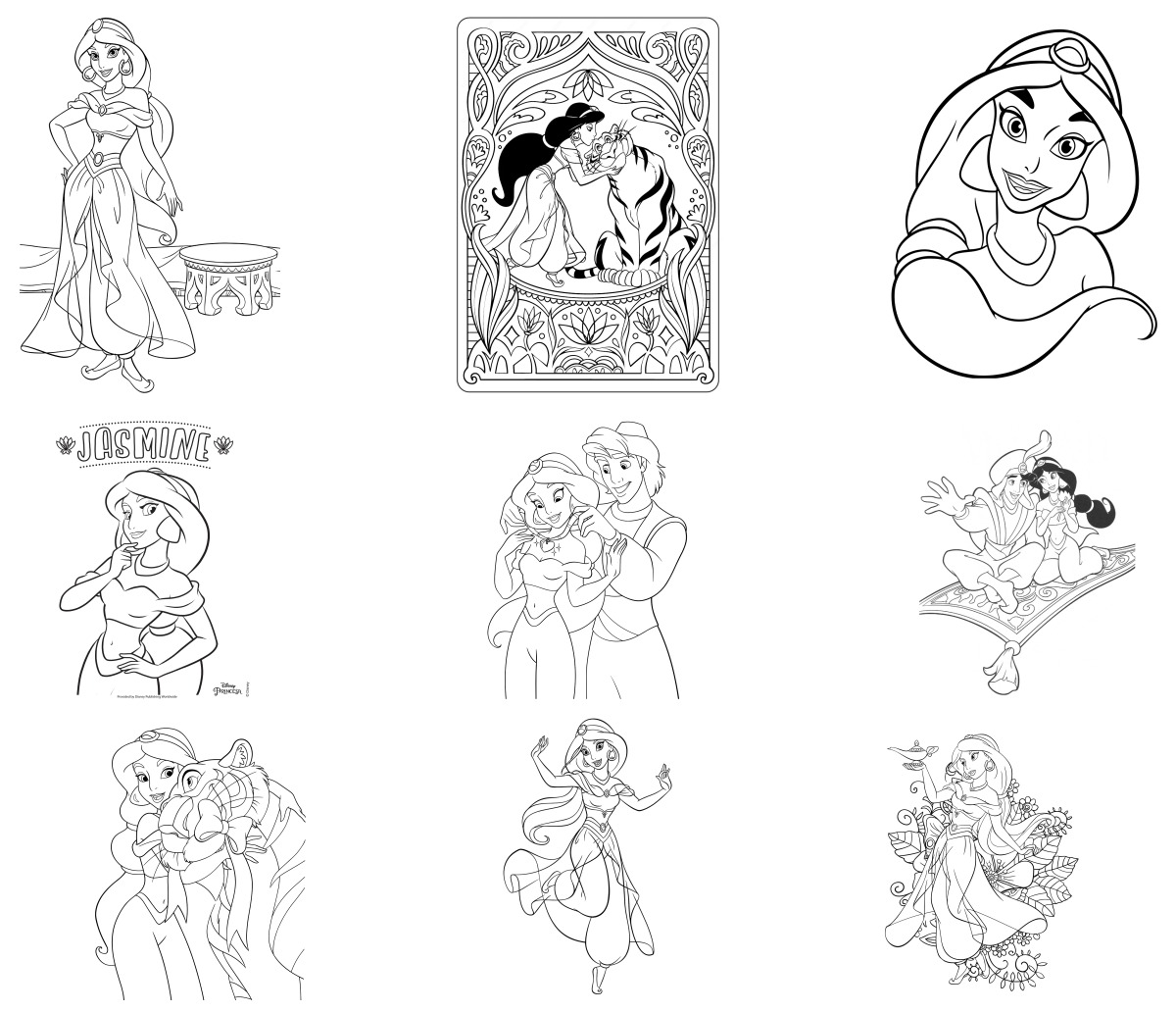 12 desenhos de Jasmine — Para colorir e imprimir