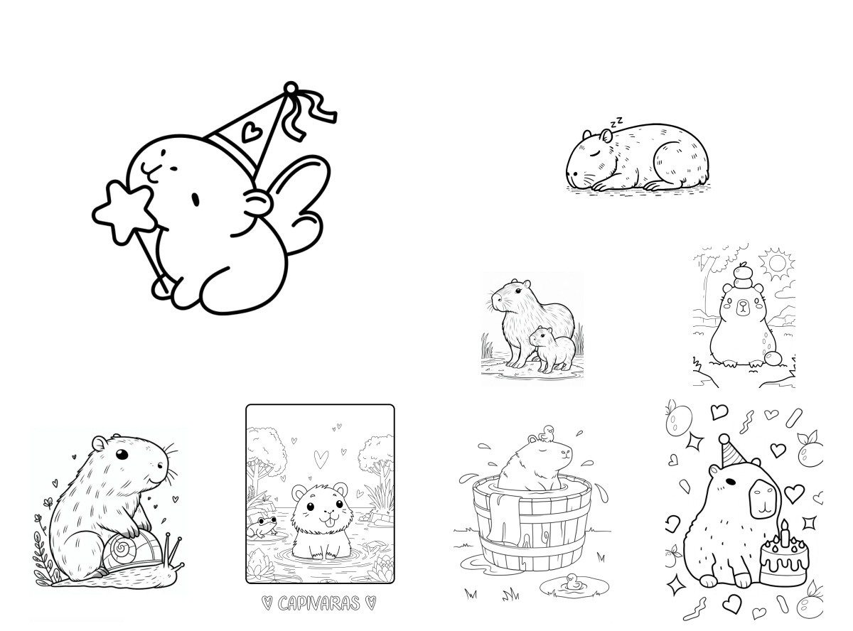8 desenhos de Capivara — Para colorir e imprimir