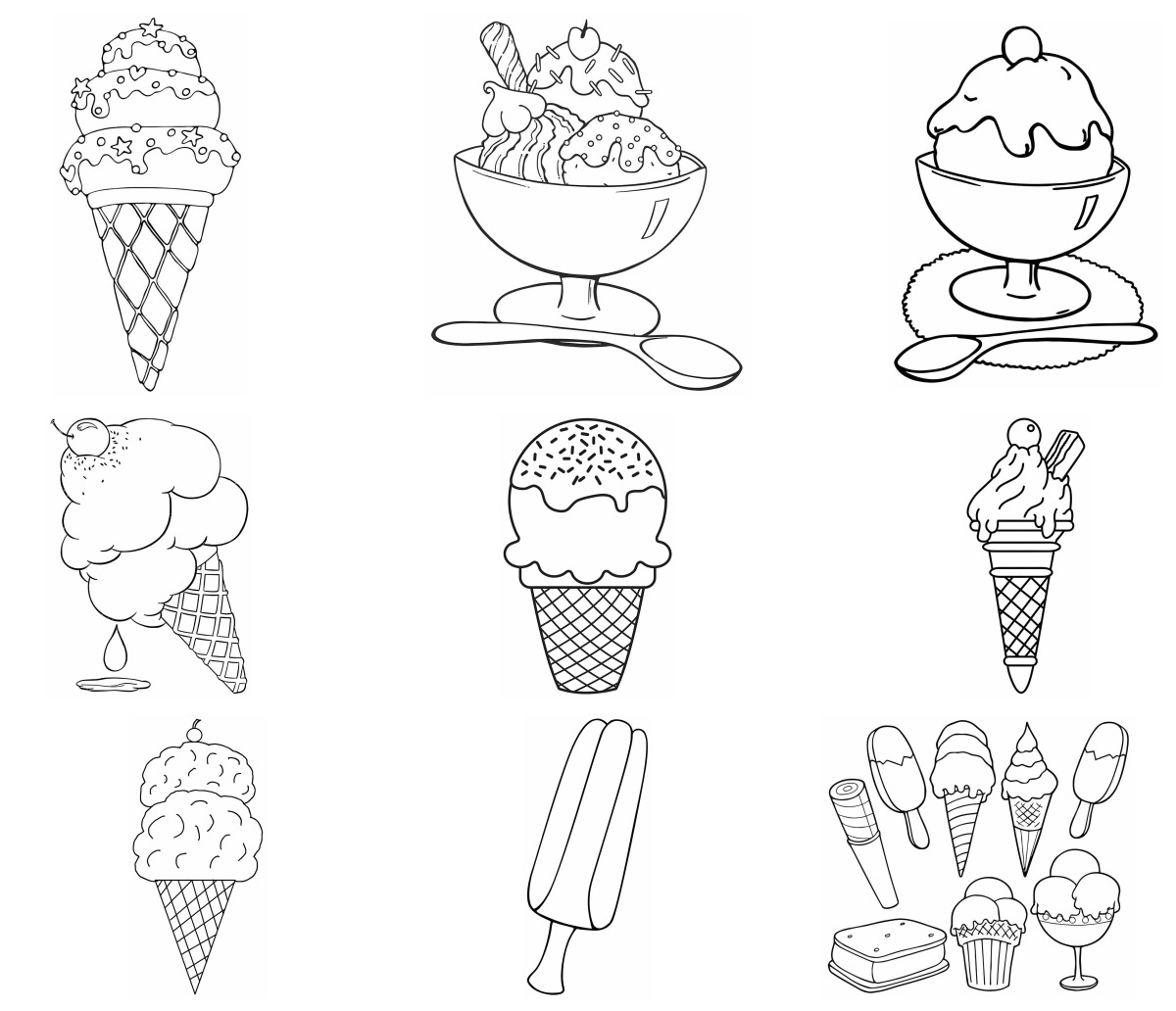 37 desenhos de Sorvetes — Para colorir e imprimir