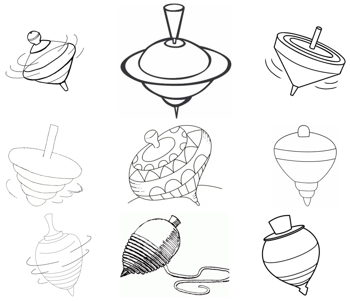 12 desenhos de Pião — Para colorir e imprimir