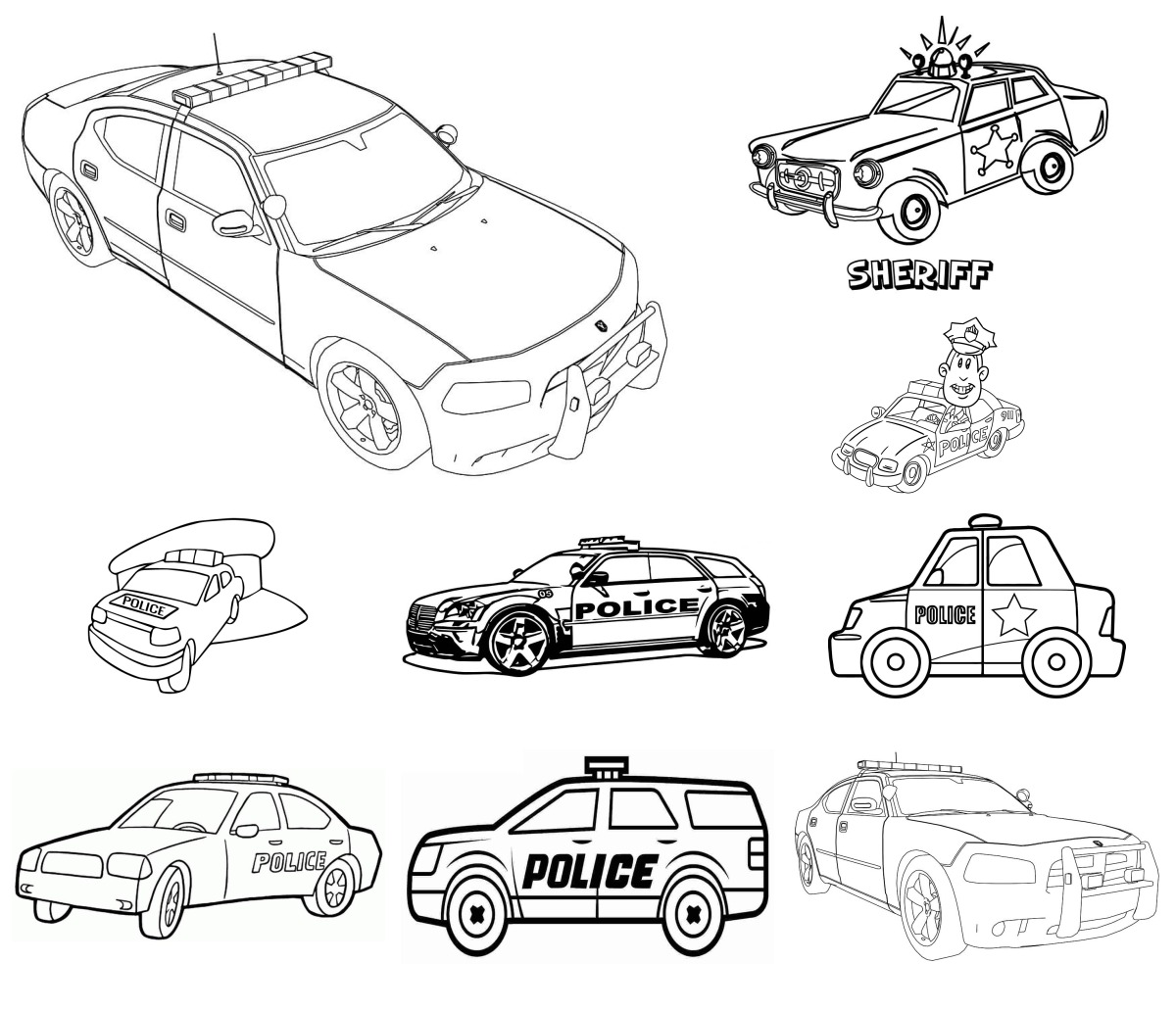 16 desenhos de Carros de Polícia — Para colorir e imprimir