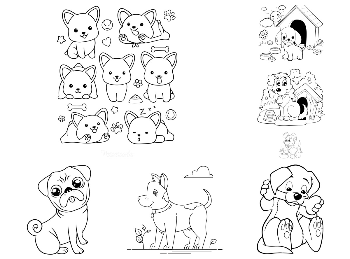 32 desenhos de Cachorros — Para colorir e imprimir