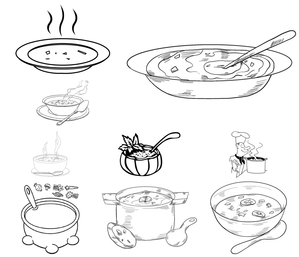 16 desenhos de Sopa — Para colorir e imprimir